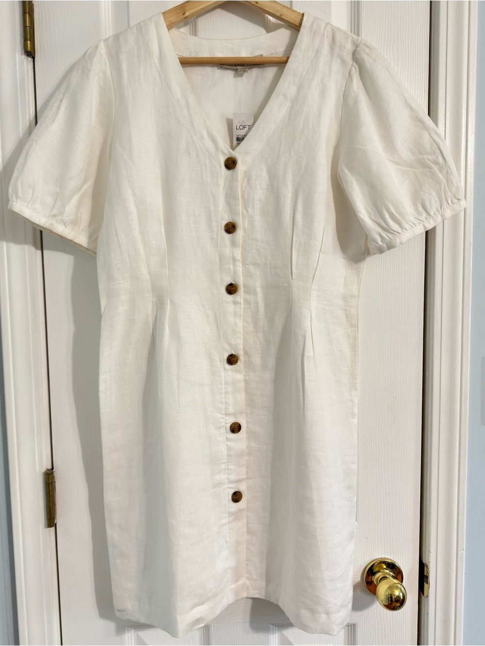 LOFT 100% Linen White Puff Sleeve Button Front Mini Dress Size 6 NWT - Picture 2 of 12